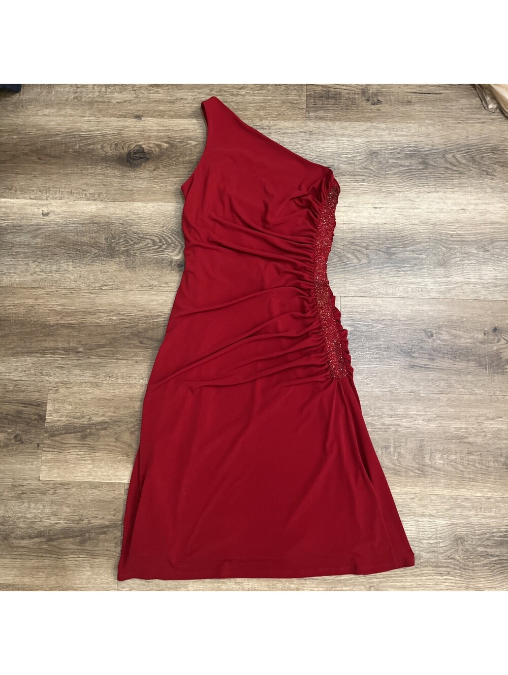 Laundry by Shelli Segal Red One-Shoulder Beaded Ruched Bodycon Dress 4 Zip